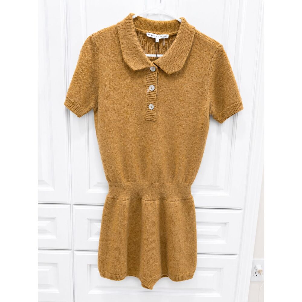NWT English Factory Sweater Romper Womens Small Camel Knit Collared Button Front